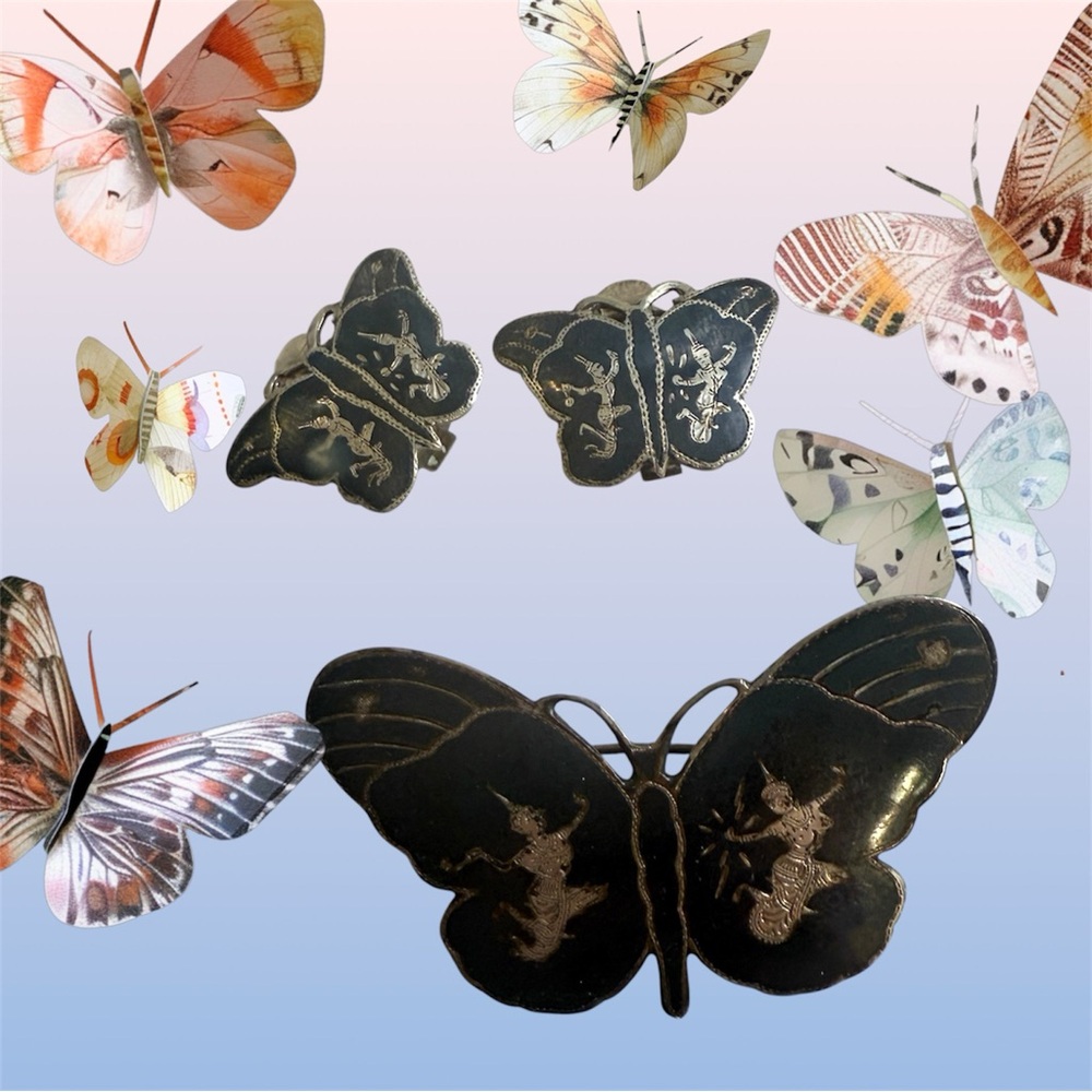 Sterling Silver Butterfly Brooch and Clip Earrings Set. Made in Siam.